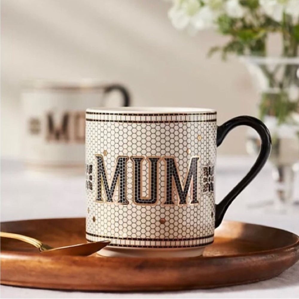 Anthropologie Bistro Tile Mum Mug 24K Gold Decaled Glazed Stoneware NIB RARE